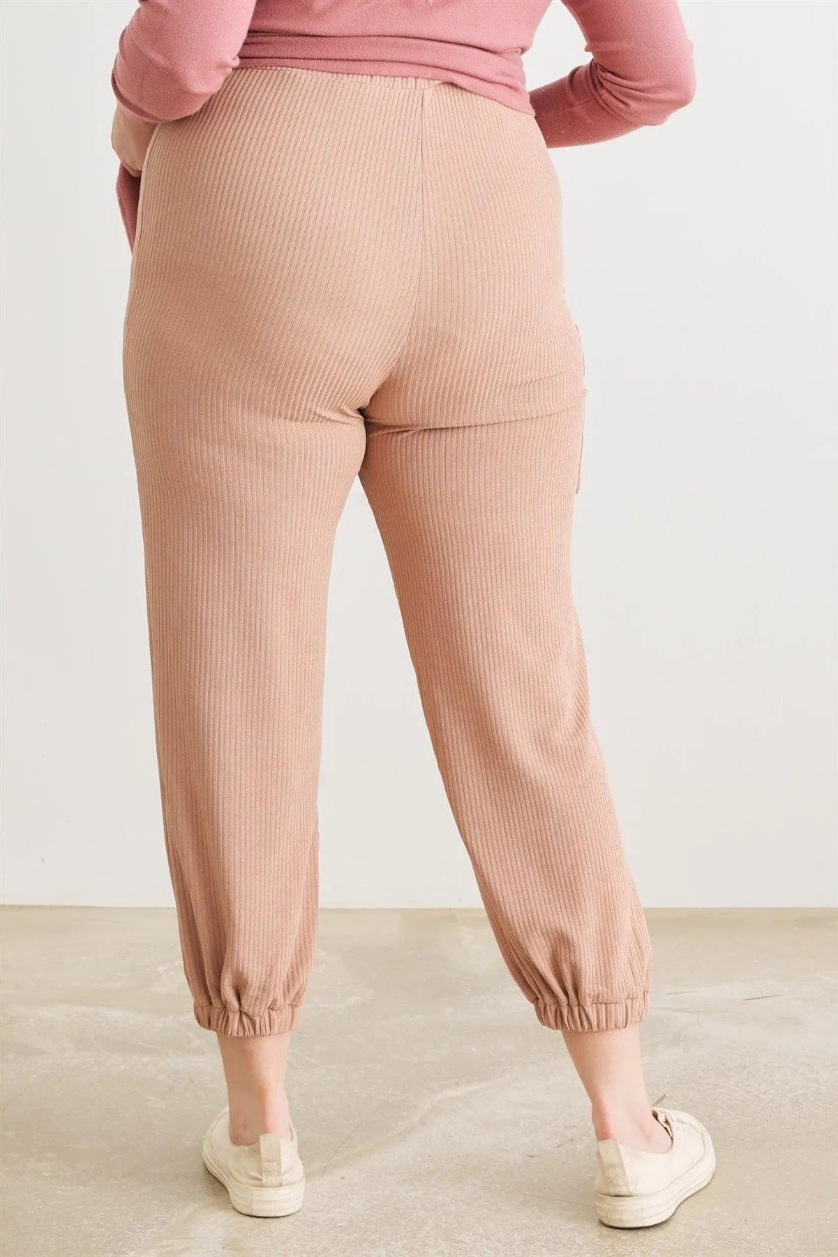 Junior Plus Taupe Ribbed High Waist Jogger Pants /1-1-1 - Tasha Apparel Wholesale