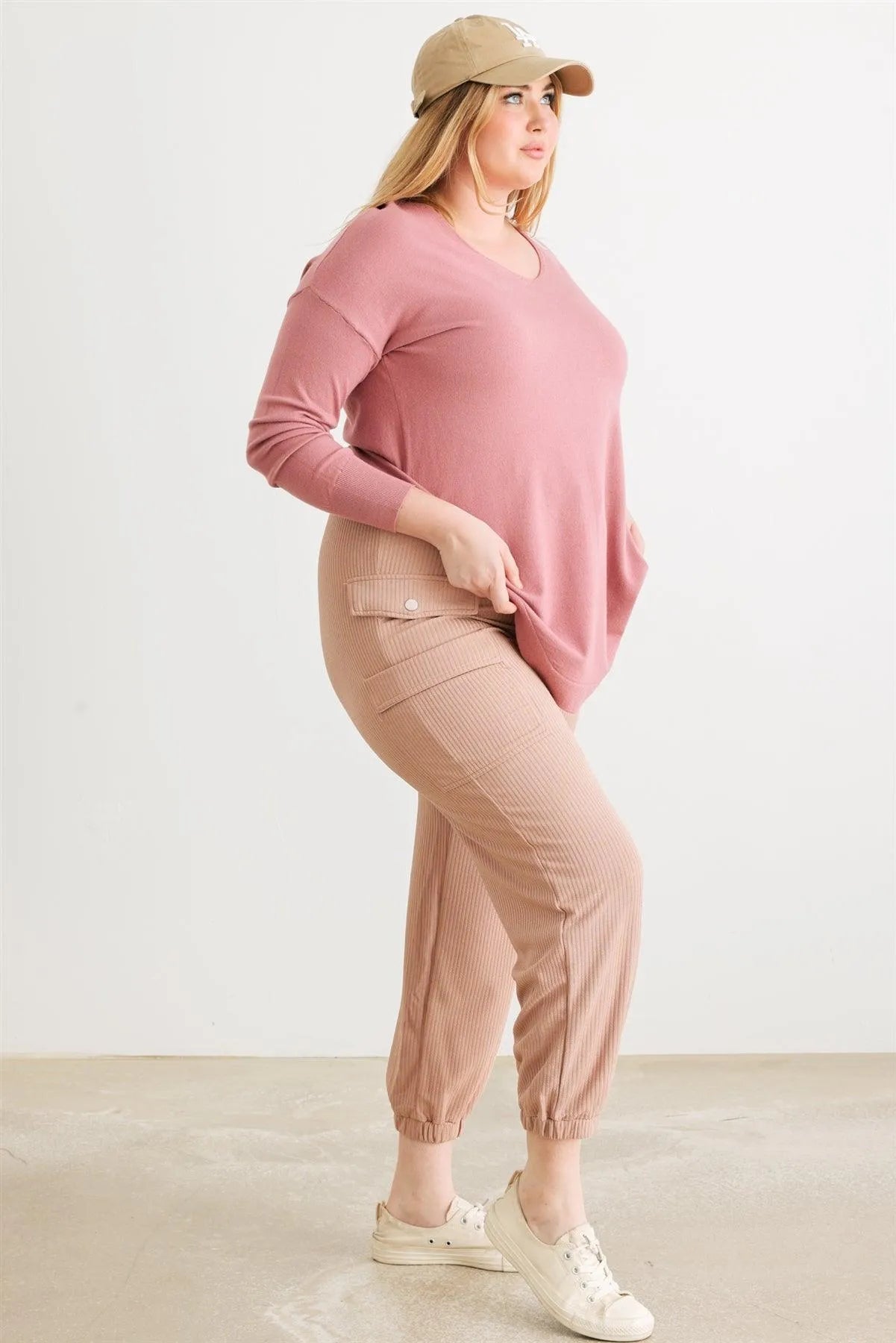 Junior Plus Taupe Ribbed High Waist Jogger Pants /1-1-1 - Tasha Apparel Wholesale