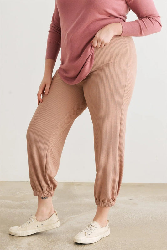 Junior Plus Taupe Ribbed High Waist Jogger Pants /3-1-1 - Tasha Apparel Wholesale