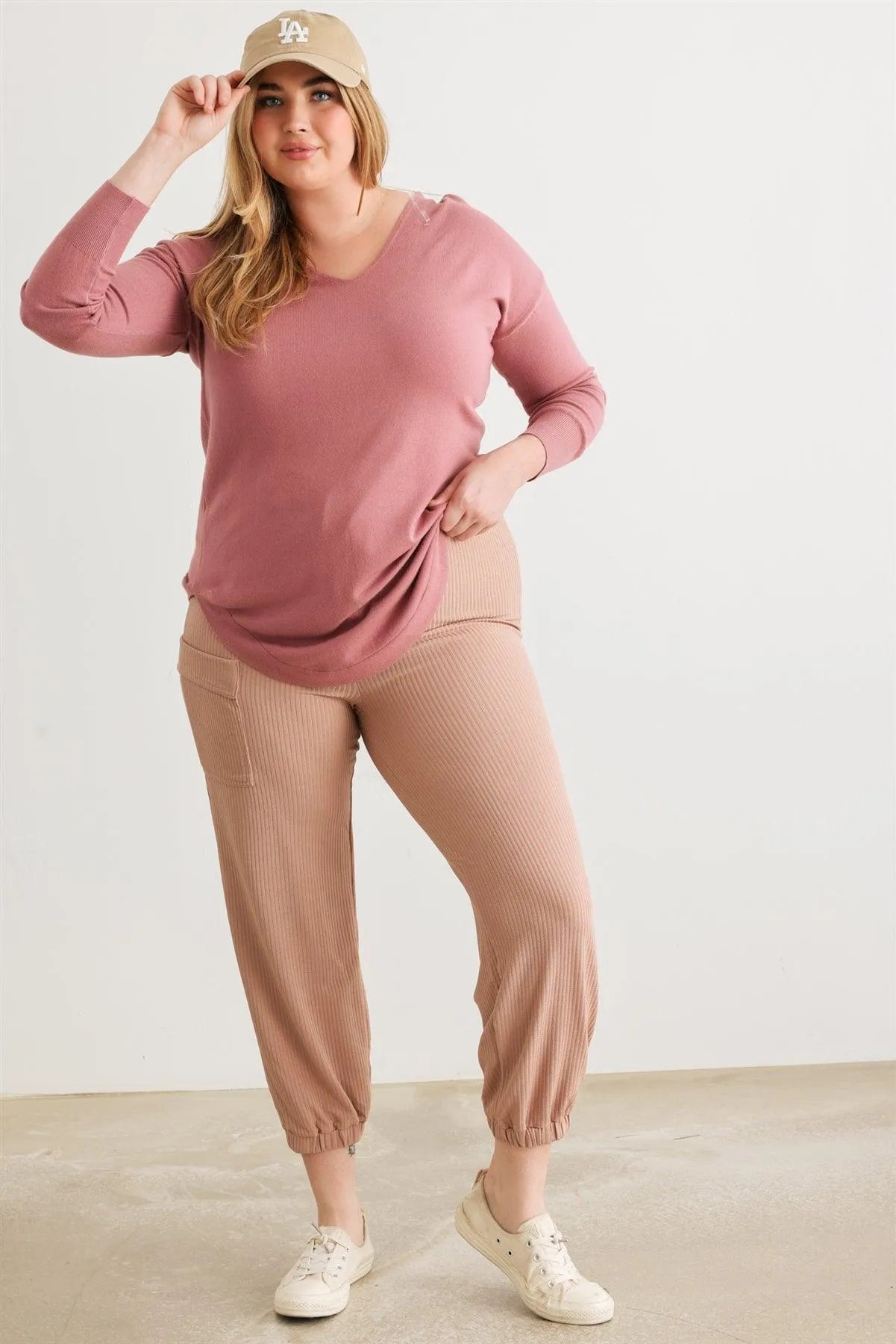 Junior Plus Taupe Ribbed High Waist Jogger Pants /3-1-1 - Tasha Apparel Wholesale
