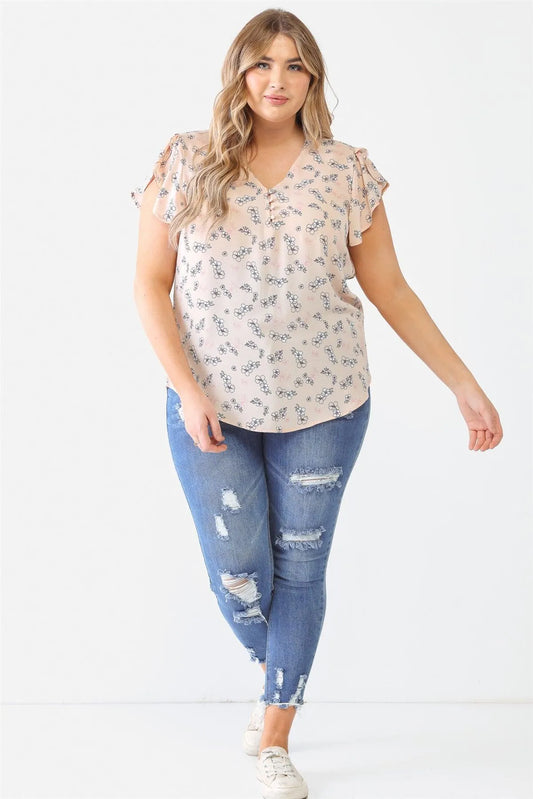 Junior Plus Taupe Flower Print Button-Up V-Neck Short Sleeve Top /1-1-1 - Tasha Apparel Wholesale