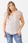 Junior Plus Taupe Flower Print Button-Up V-Neck Short Sleeve Top /2-1-1 - Tasha Apparel Wholesale