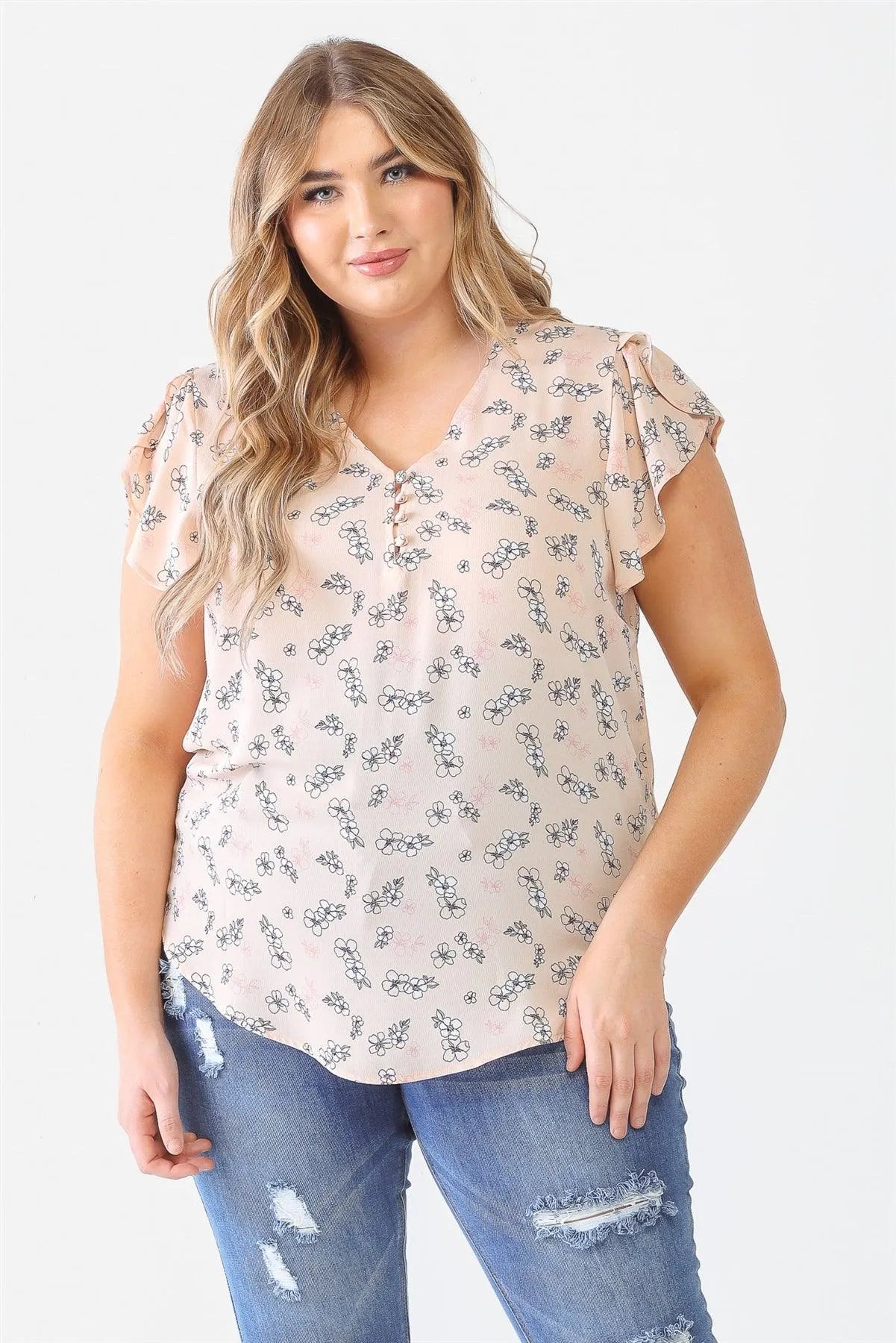 Junior Plus Taupe Flower Print Button-Up V-Neck Short Sleeve Top /2-1-1 - Tasha Apparel Wholesale