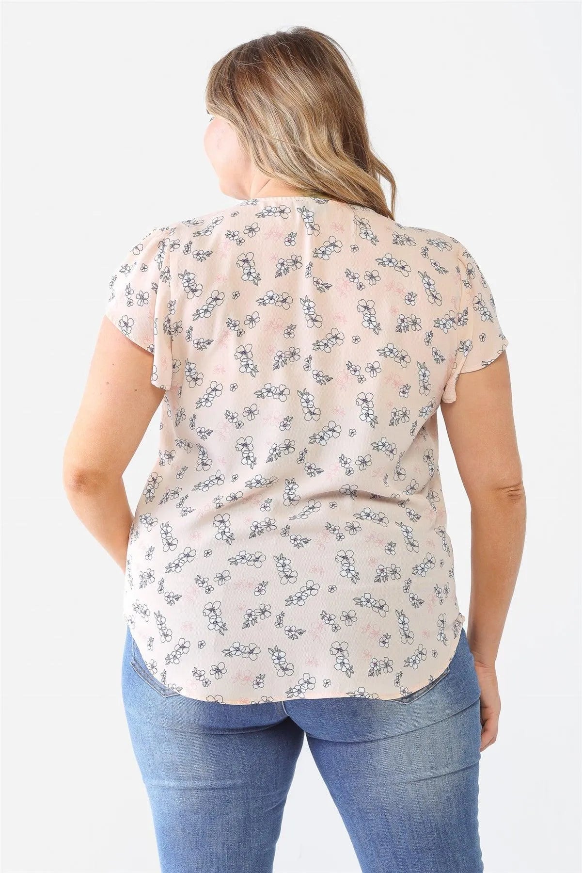 Junior Plus Taupe Flower Print Button-Up V-Neck Short Sleeve Top /2-1-1 - Tasha Apparel Wholesale