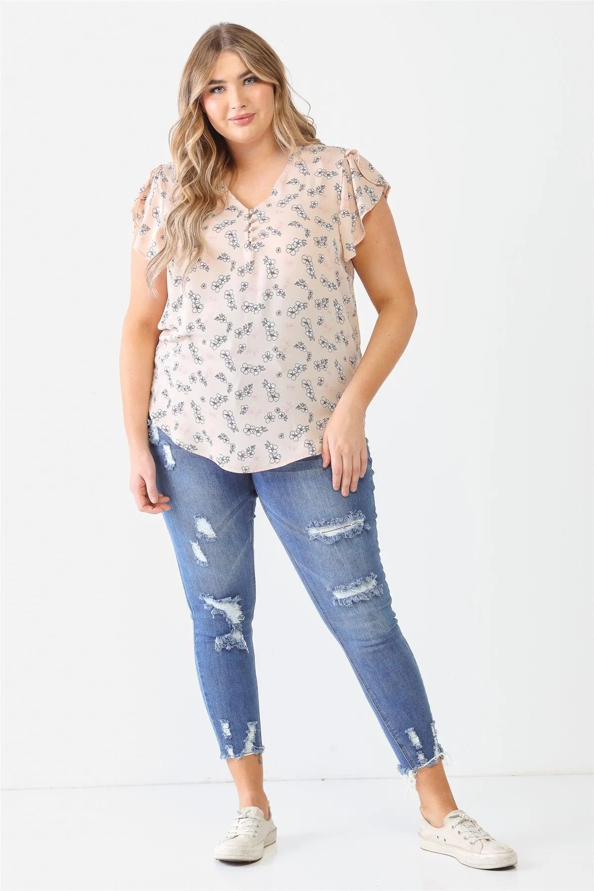 Junior Plus Taupe Flower Print Button-Up V-Neck Short Sleeve Top /2-1-1 - Tasha Apparel Wholesale