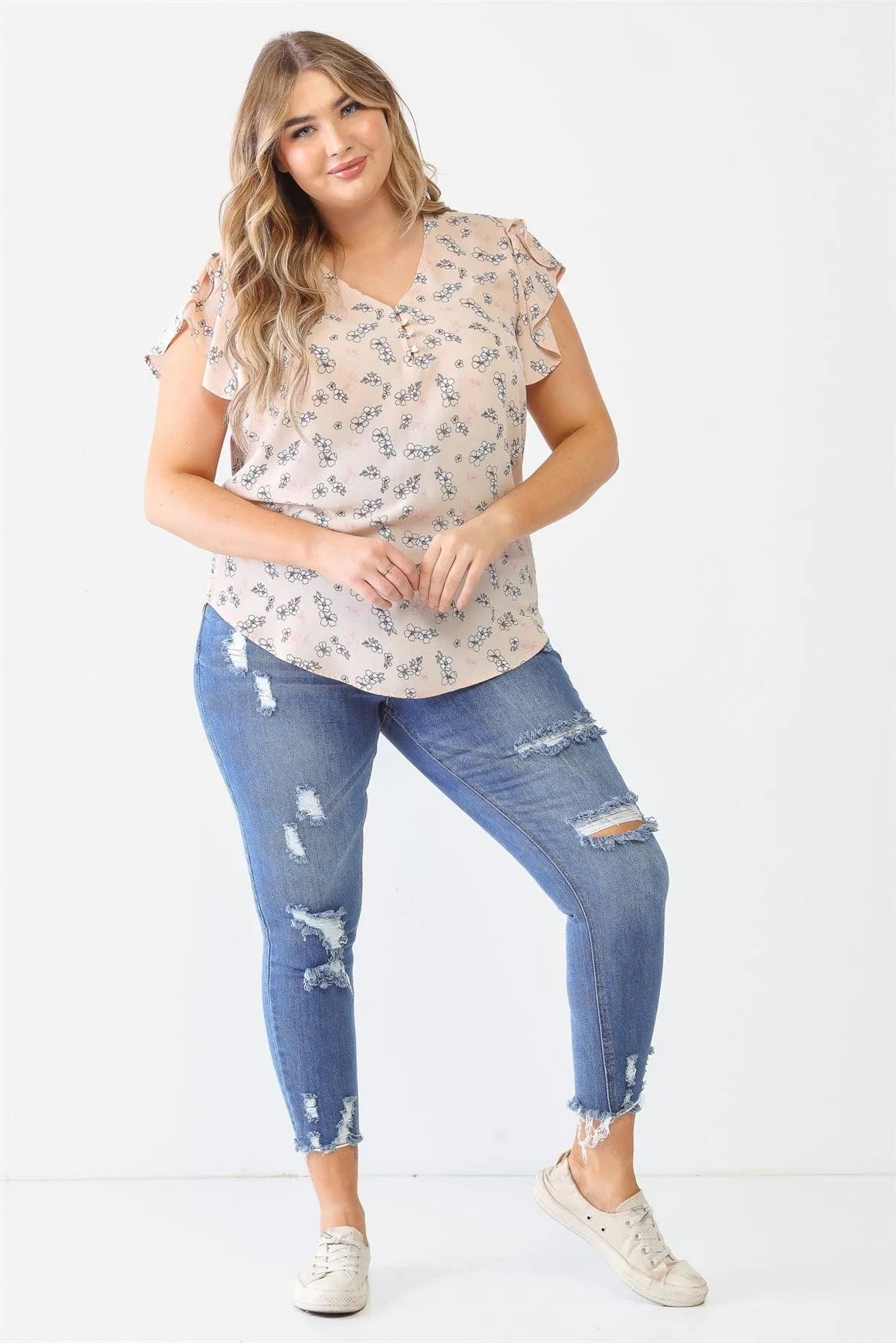 Junior Plus Taupe Flower Print Button-Up V-Neck Short Sleeve Top /2-1-1 - Tasha Apparel Wholesale