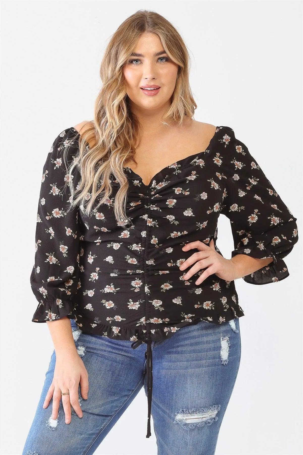 Junior Plus Black Floral Print Textured Ruffle Long Sleeve Smocked Back Ruched Top /1-1-1 - Tasha Apparel Wholesale