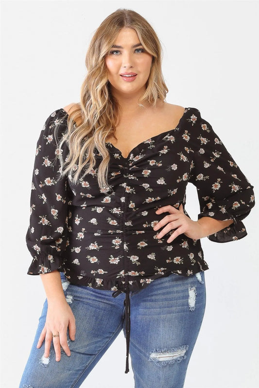 Junior Plus Black Floral Print Textured Ruffle Long Sleeve Smocked Back Ruched Top /1-1-1 - Tasha Apparel Wholesale