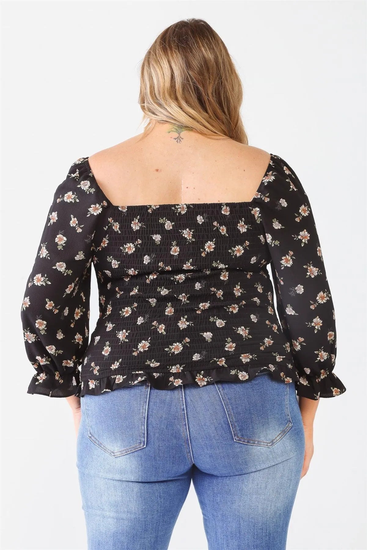 Junior Plus Black Floral Print Textured Ruffle Long Sleeve Smocked Back Ruched Top /1-1-1 - Tasha Apparel Wholesale
