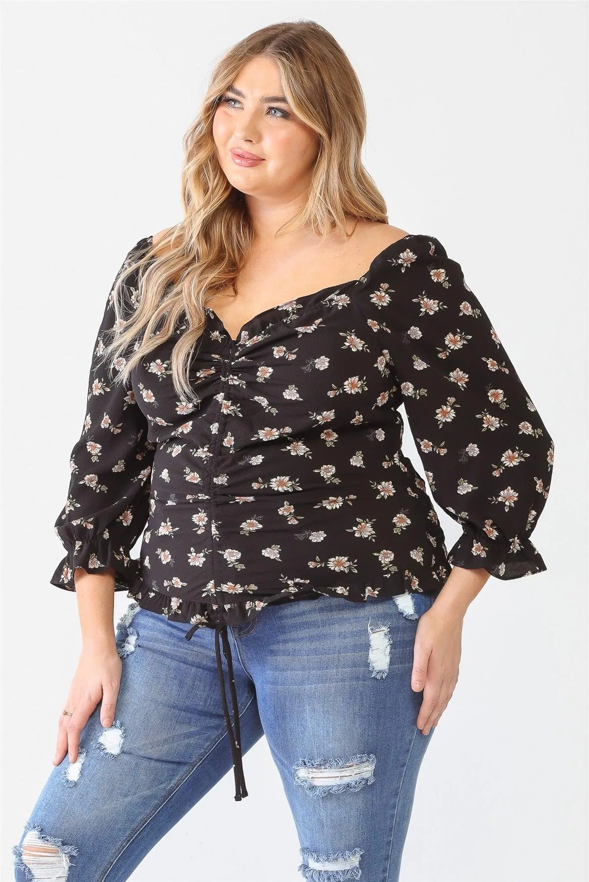 Junior Plus Black Floral Print Textured Ruffle Long Sleeve Smocked Back Ruched Top /1-1-1 - Tasha Apparel Wholesale
