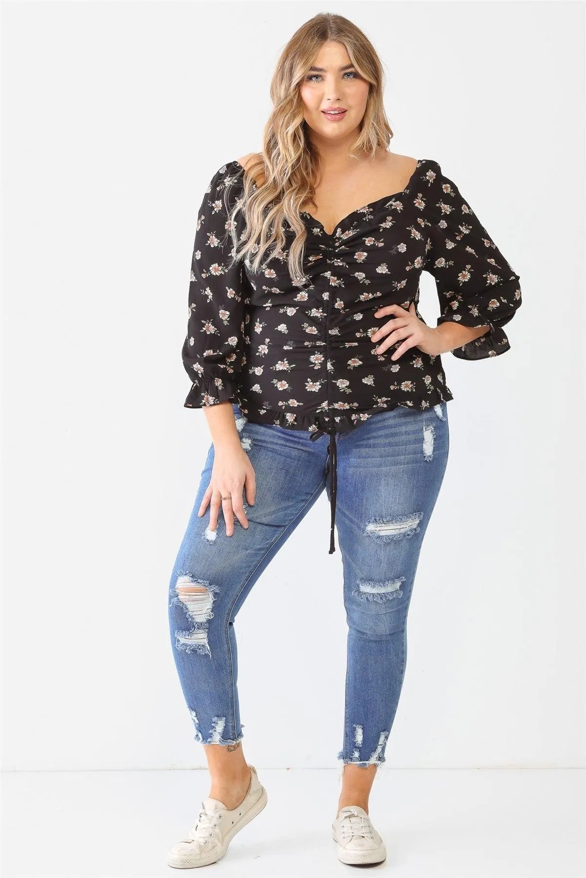 Junior Plus Black Floral Print Textured Ruffle Long Sleeve Smocked Back Ruched Top /1-1-1 - Tasha Apparel Wholesale