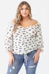 Junior Plus Ivory Floral Print Textured Ruffle Midi Sleeve Smocked Back Ruched Top /1-1-1 - Tasha Apparel Wholesale