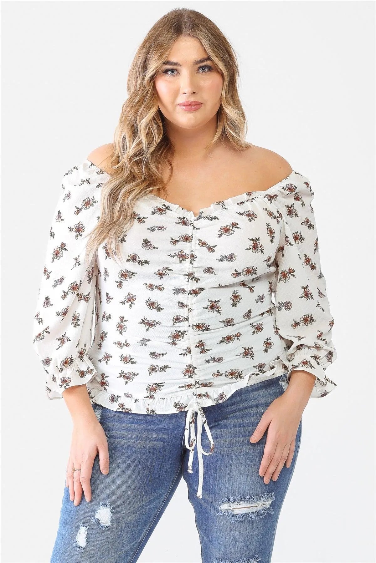 Junior Plus Ivory Floral Print Textured Ruffle Midi Sleeve Smocked Back Ruched Top /1-1-1 - Tasha Apparel Wholesale