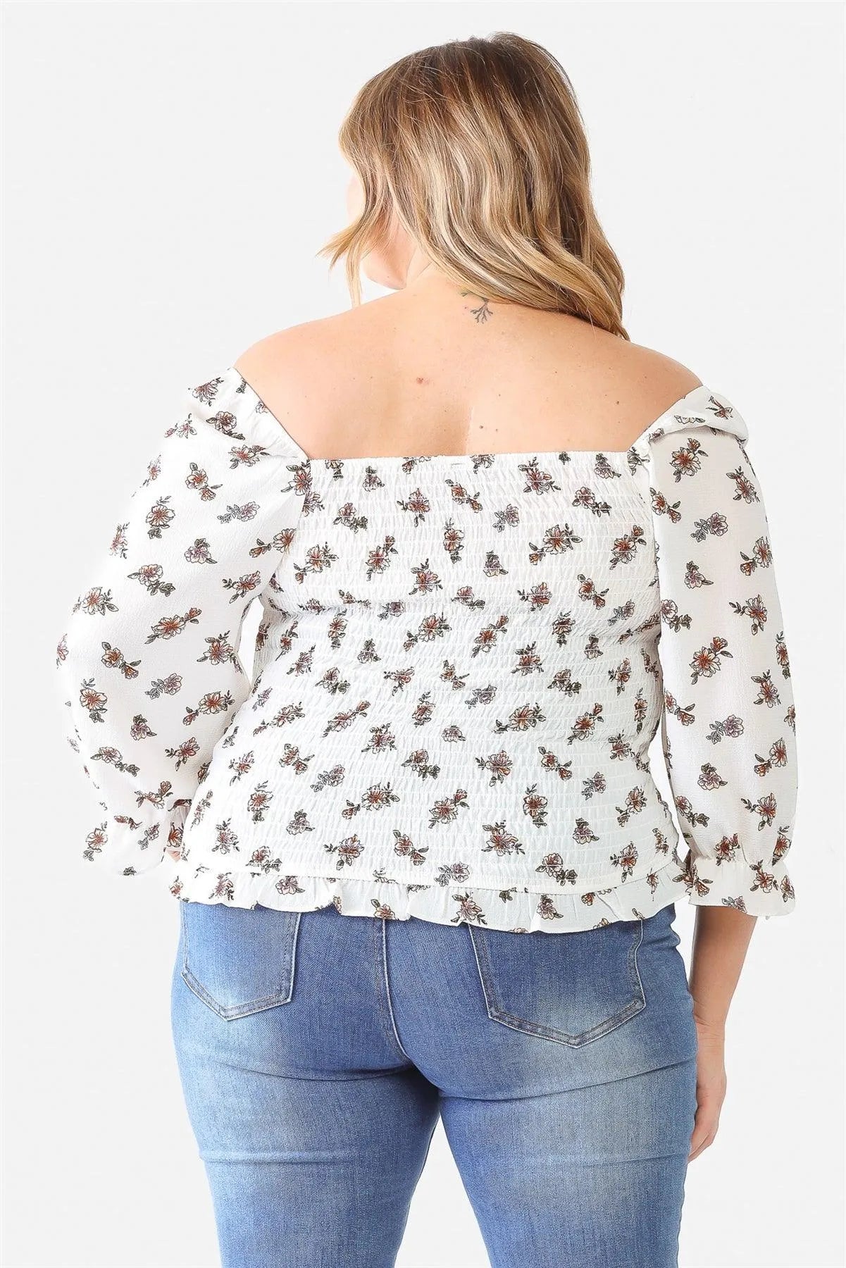 Junior Plus Ivory Floral Print Textured Ruffle Midi Sleeve Smocked Back Ruched Top /1-1-1 - Tasha Apparel Wholesale