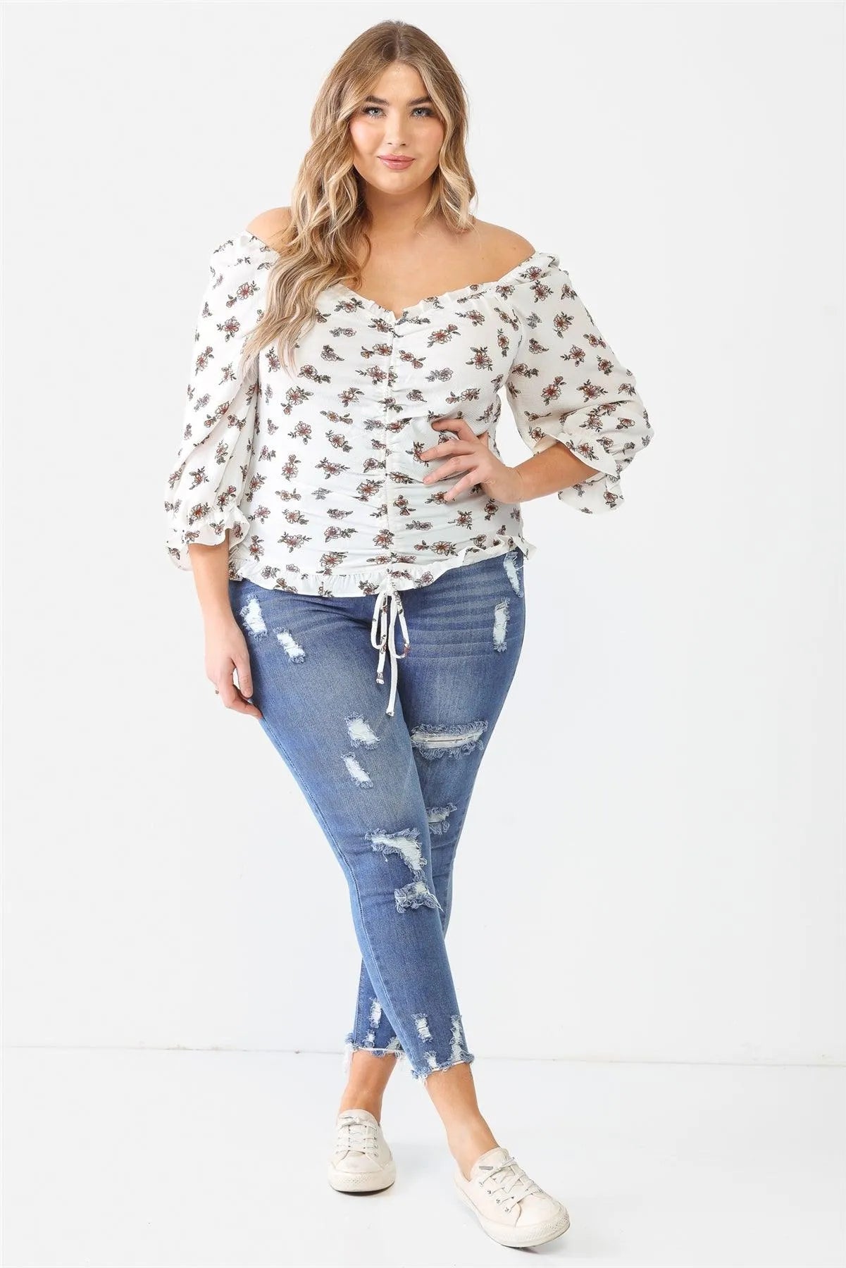 Junior Plus Ivory Floral Print Textured Ruffle Midi Sleeve Smocked Back Ruched Top /1-1-1 - Tasha Apparel Wholesale