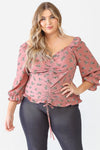 Junior Plus Mauve Floral Print Textured Ruffle Midi Sleeve Smocked Back Ruched Top /1-1-1 - Tasha Apparel Wholesale