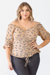 Junior Plus Taupe Floral Print Textured Ruffle Midi Sleeve Smocked Back Ruched Top /1-1-1 - Tasha Apparel Wholesale