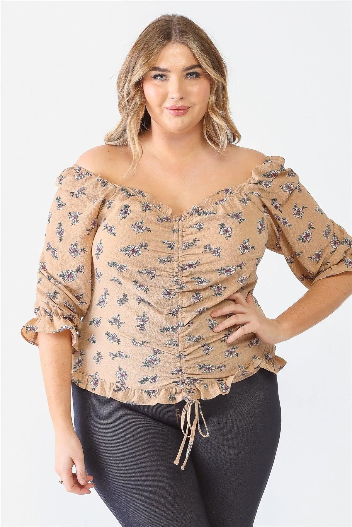 Junior Plus Taupe Floral Print Textured Ruffle Midi Sleeve Smocked Back Ruched Top /1-1-1 - Tasha Apparel Wholesale