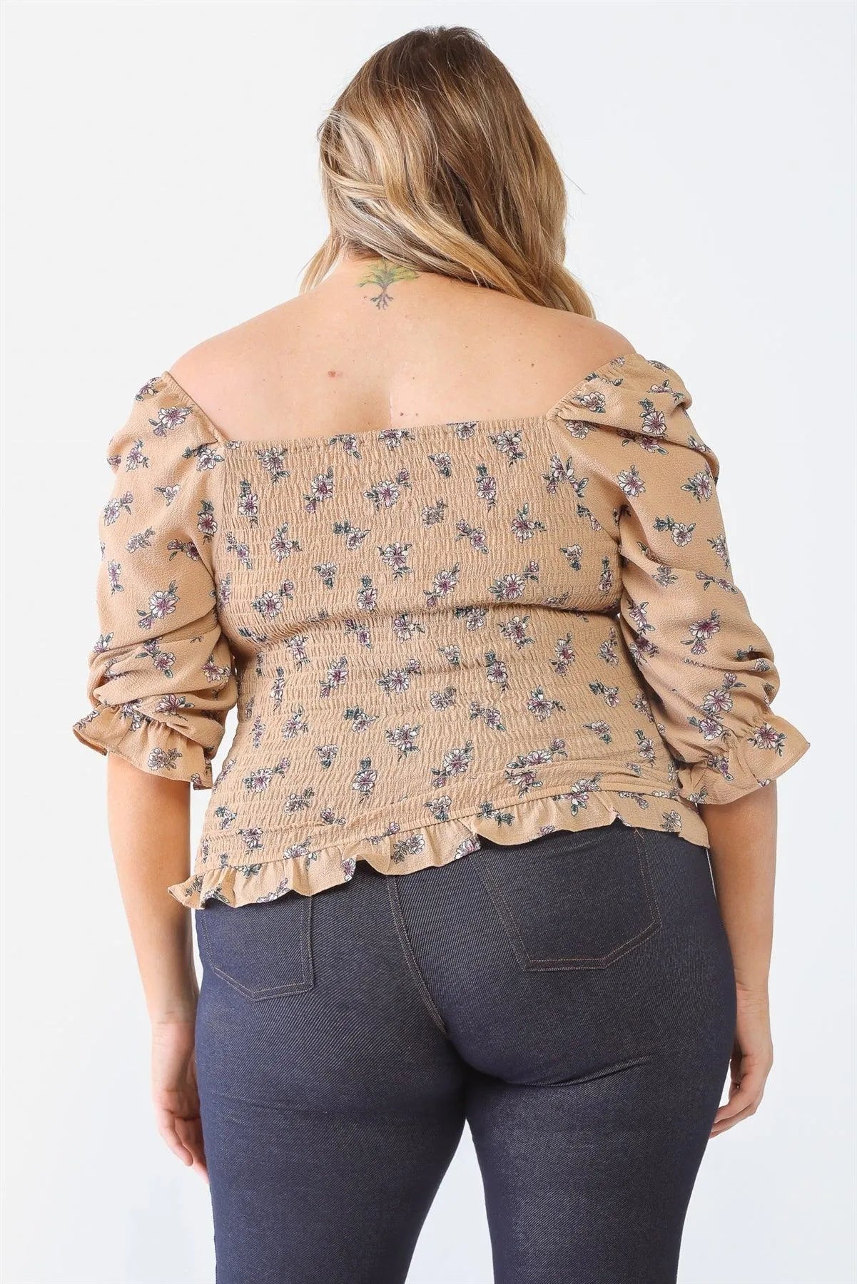 Junior Plus Taupe Floral Print Textured Ruffle Midi Sleeve Smocked Back Ruched Top /1-1-1 - Tasha Apparel Wholesale