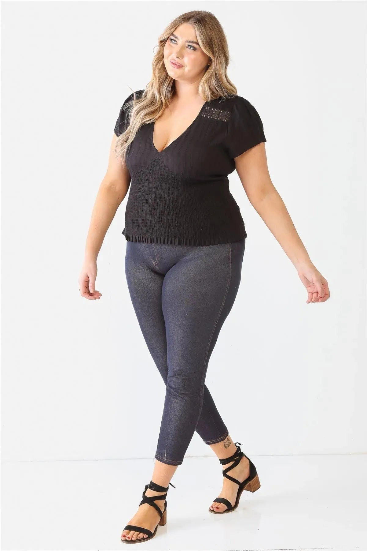 Plus Size Black Textured Ruched V-Neck Top Blouse - Tasha Apparel Wholesale