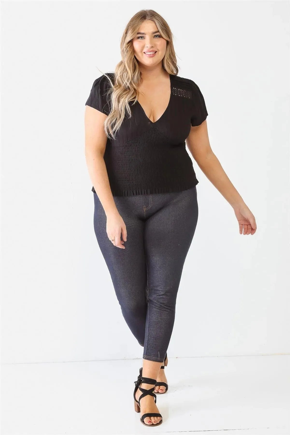 Plus Size Black Textured Ruched V-Neck Top Blouse - Tasha Apparel Wholesale