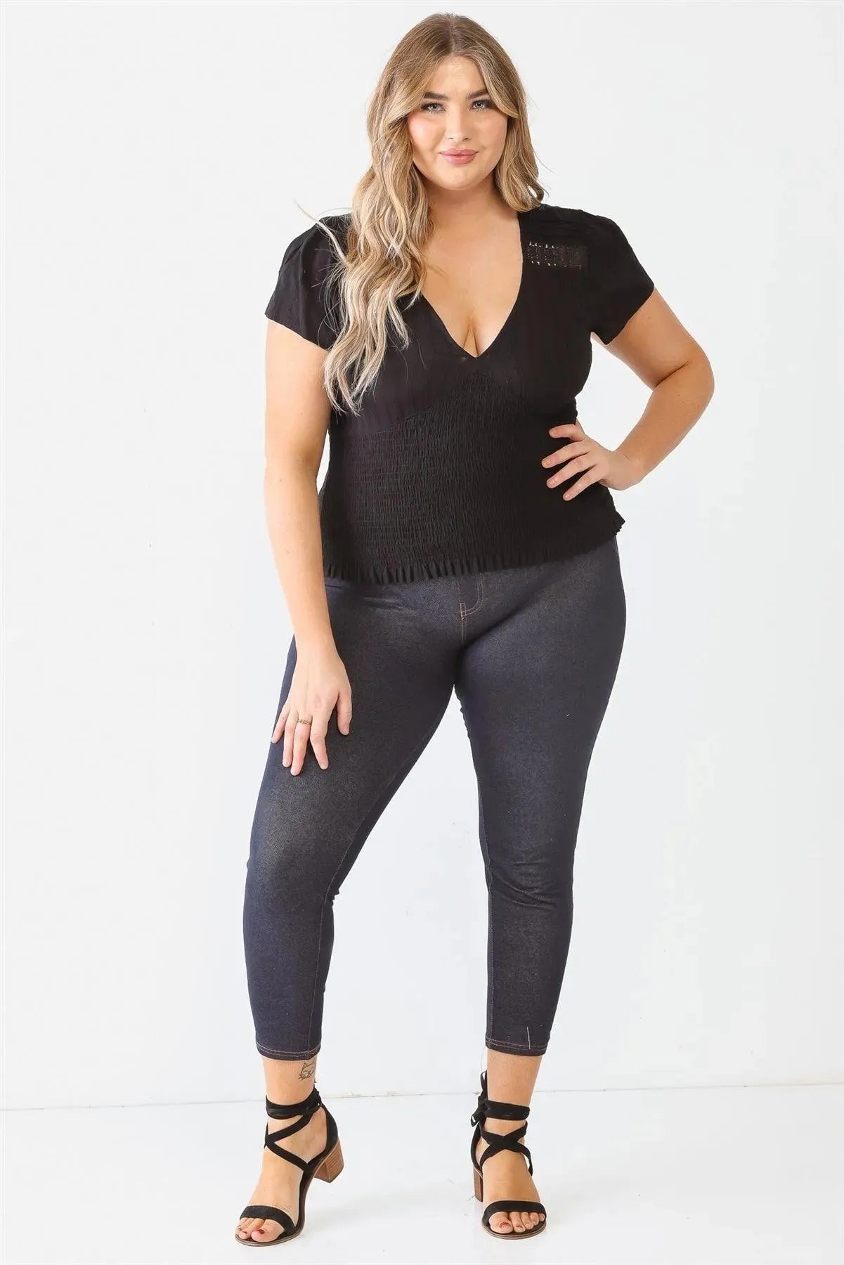 Plus Size Black Textured Ruched V-Neck Top Blouse - Tasha Apparel Wholesale
