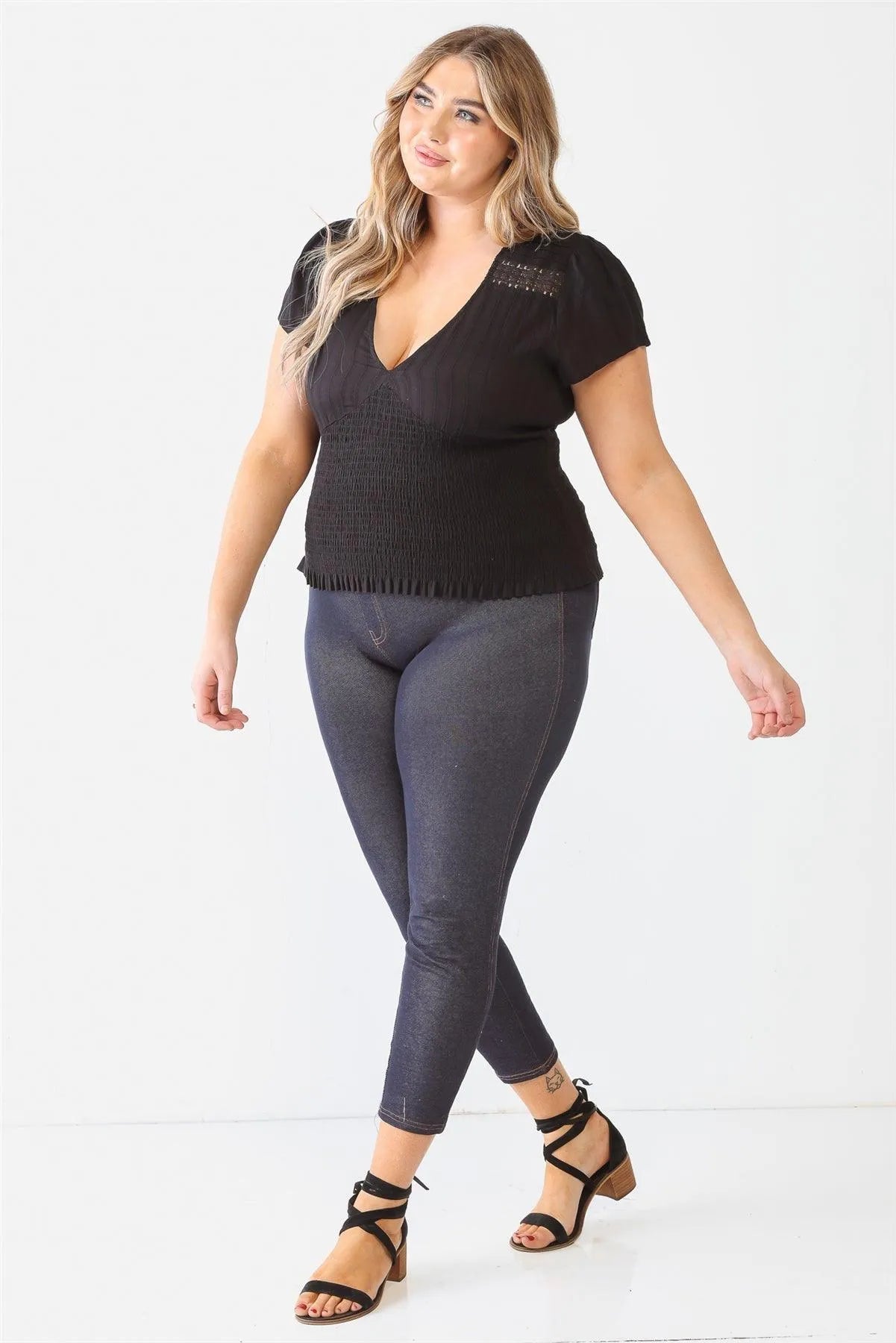 Junior Plus Black Textured Ruched V-Neck Top /2-3 - Tasha Apparel Wholesale