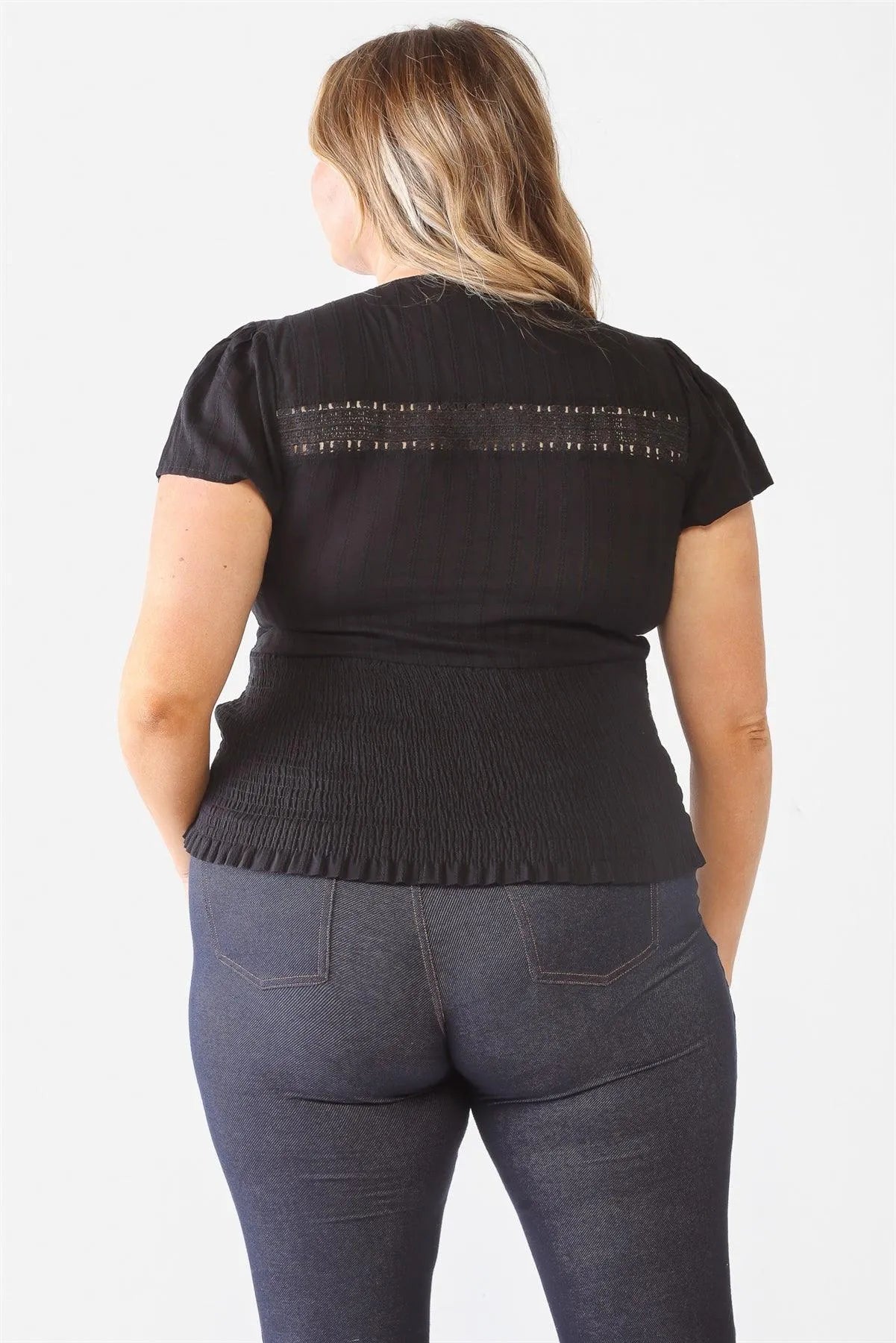 Junior Plus Black Textured Ruched V-Neck Top /2-3 - Tasha Apparel Wholesale