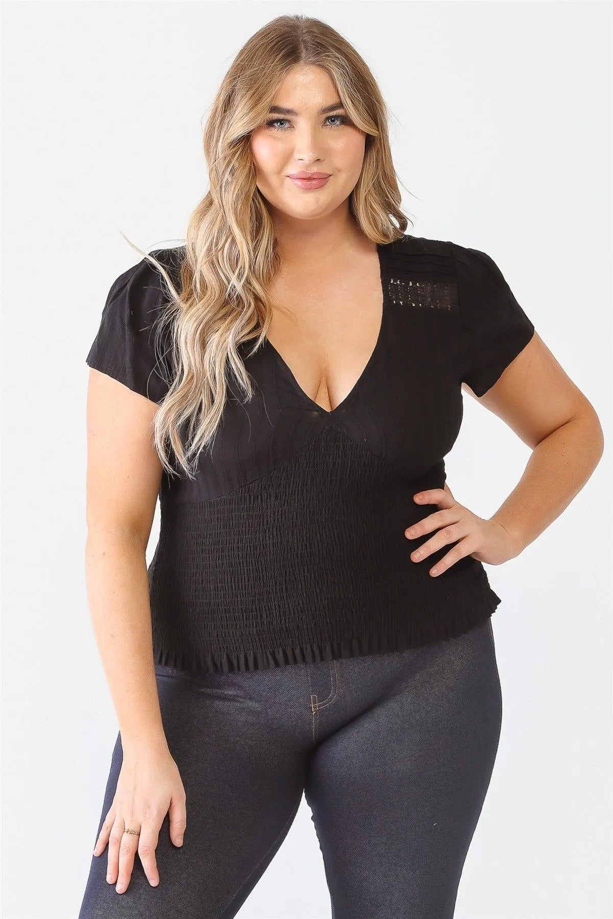 Junior Plus Black Textured Ruched V-Neck Top /2-3 - Tasha Apparel Wholesale