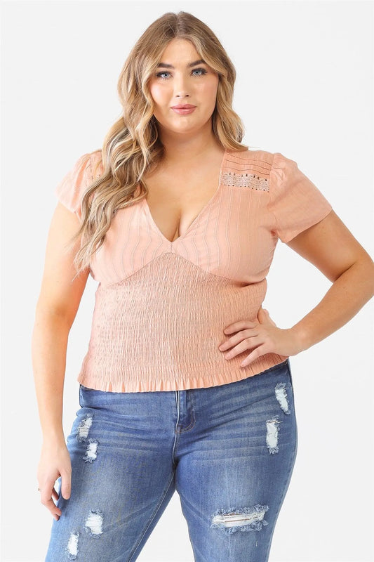 Junior Plus Peach Textured Ruched V-Neck Top /1-1-1 - Tasha Apparel Wholesale