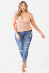 Junior Plus Peach Textured Ruched V-Neck Peach Top /2-1-1 - Tasha Apparel Wholesale