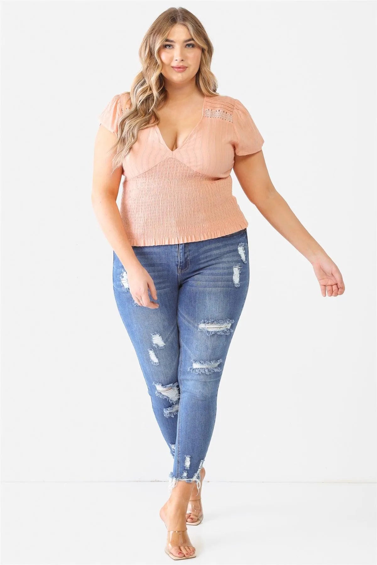Junior Plus Peach Textured Ruched V-Neck Peach Top /2-1-1 - Tasha Apparel Wholesale