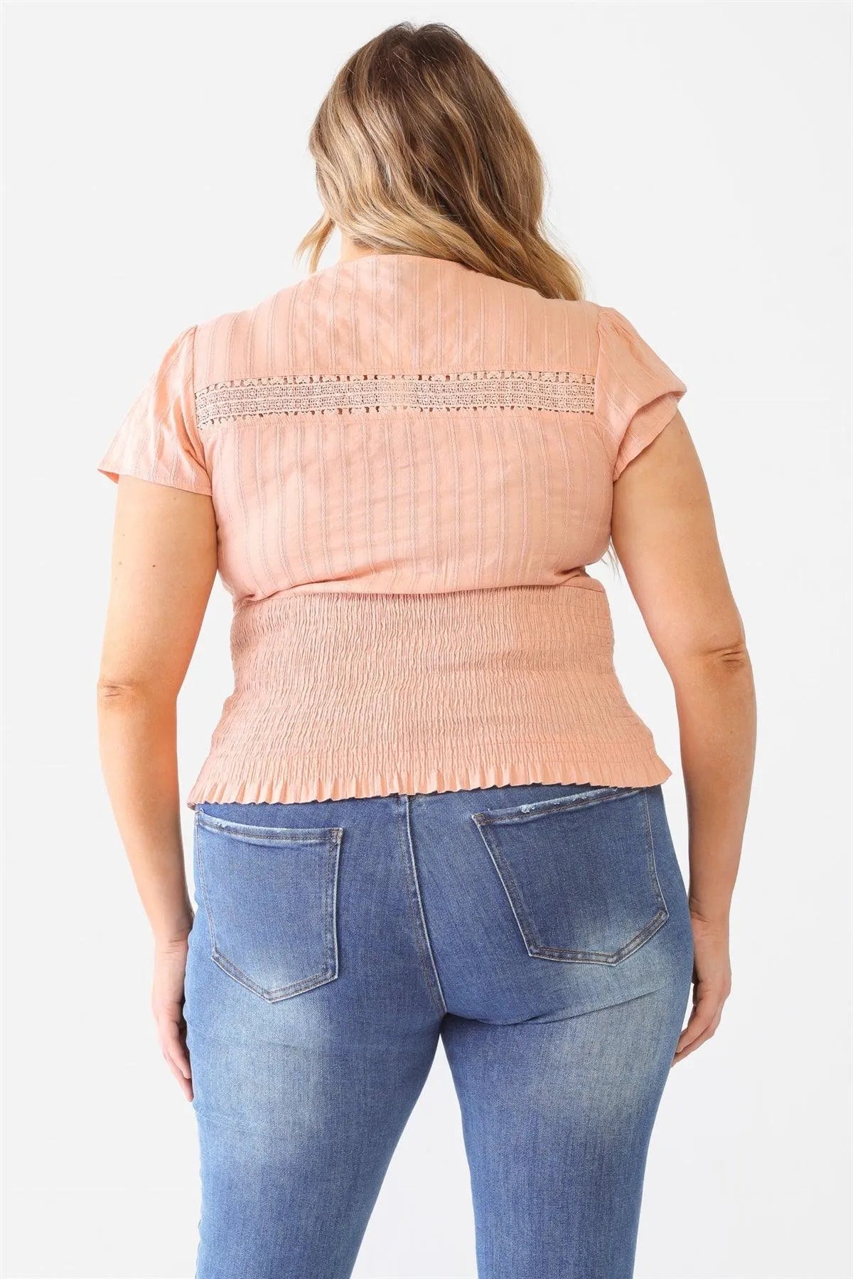 Junior Plus Peach Textured Ruched V-Neck Peach Top /2-1-1 - Tasha Apparel Wholesale