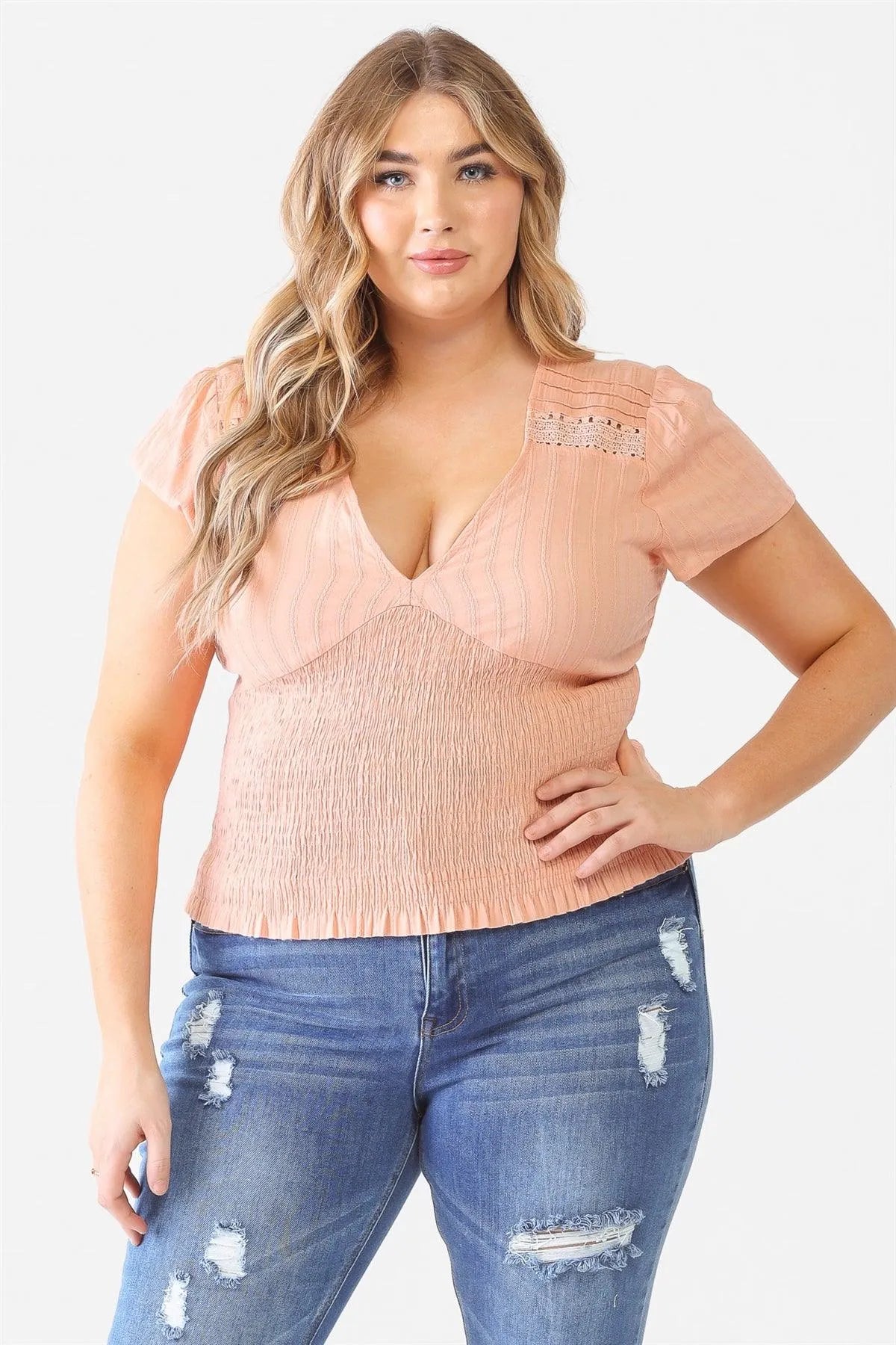 Junior Plus Peach Textured Ruched V-Neck Peach Top /2-1-1 - Tasha Apparel Wholesale