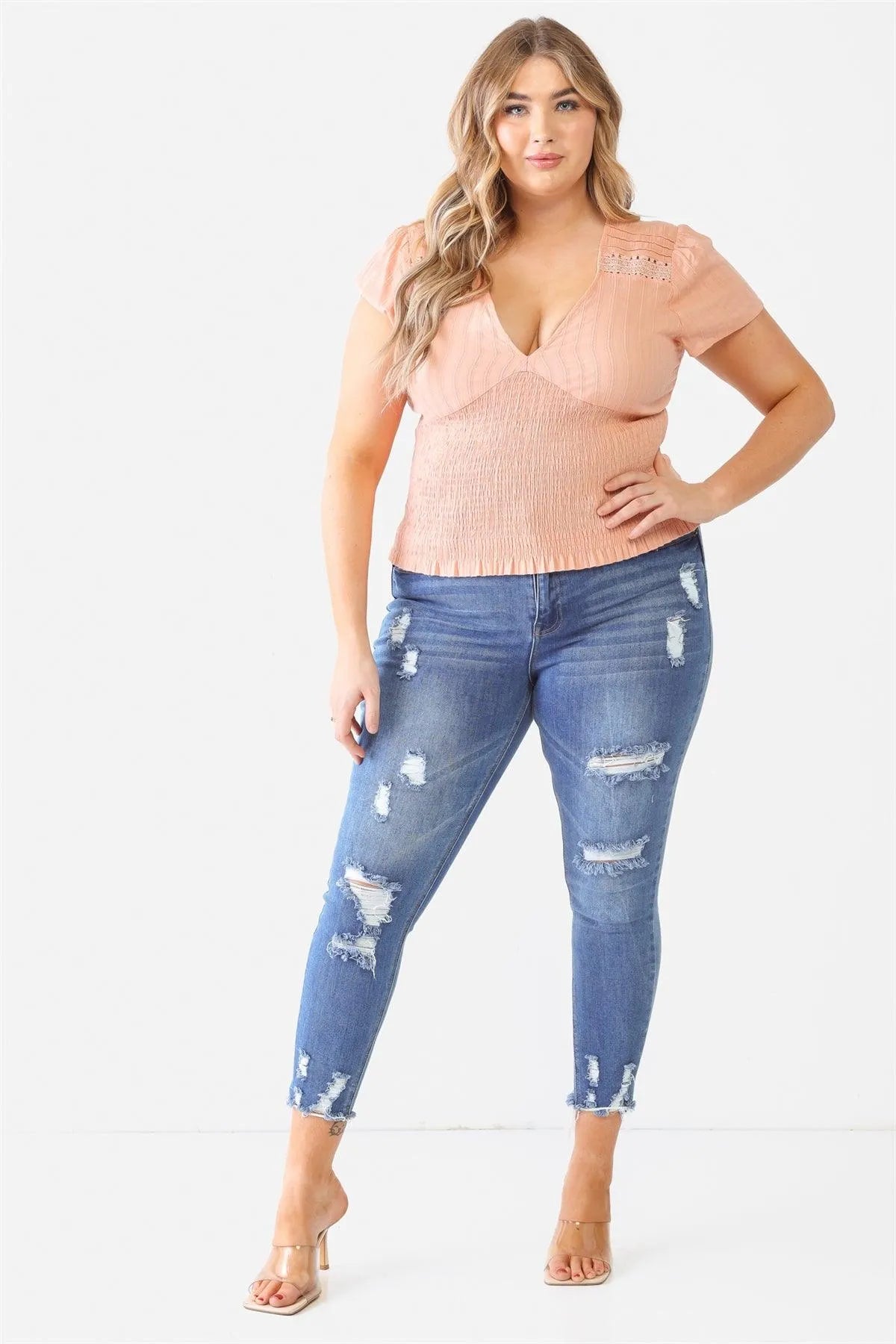 Junior Plus Peach Textured Ruched V-Neck Peach Top /2-1-1 - Tasha Apparel Wholesale