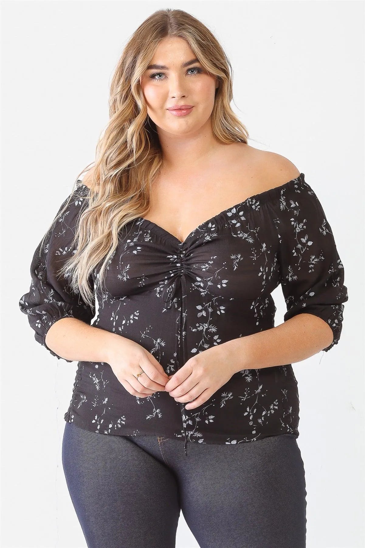 Junior Plus Black Flower Print Midi Sleeve Off-The-Shoulder Top /1-1-1 - Tasha Apparel Wholesale