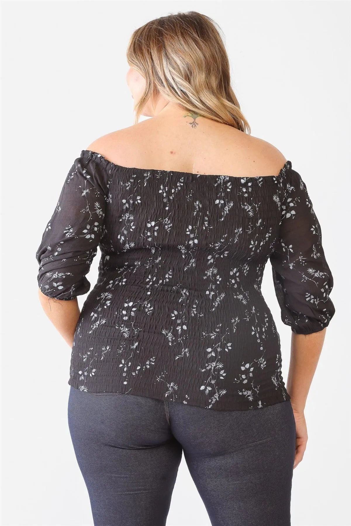 Junior Plus Black Flower Print Midi Sleeve Off-The-Shoulder Top /1-1-1 - Tasha Apparel Wholesale