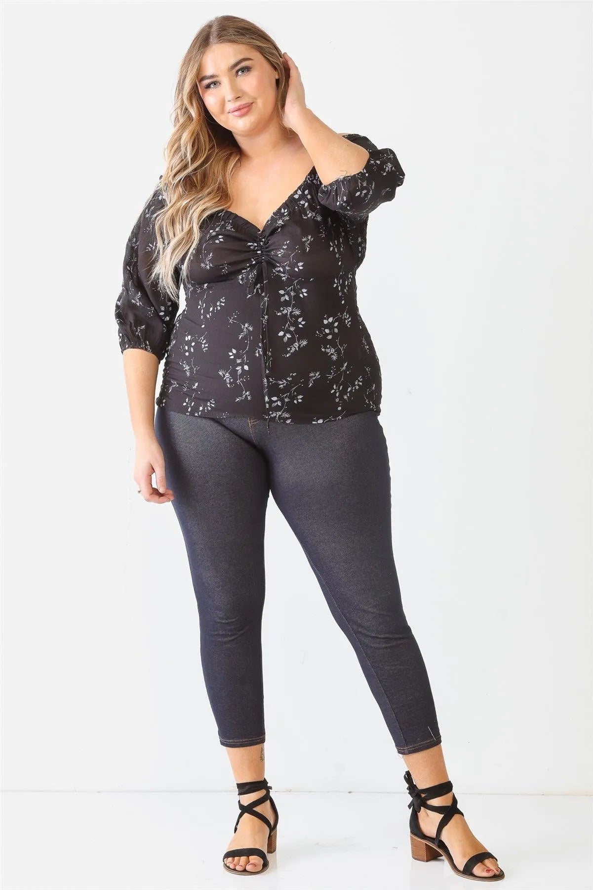 Junior Plus Black Flower Print Midi Sleeve Off-The-Shoulder Top /1-1-1 - Tasha Apparel Wholesale