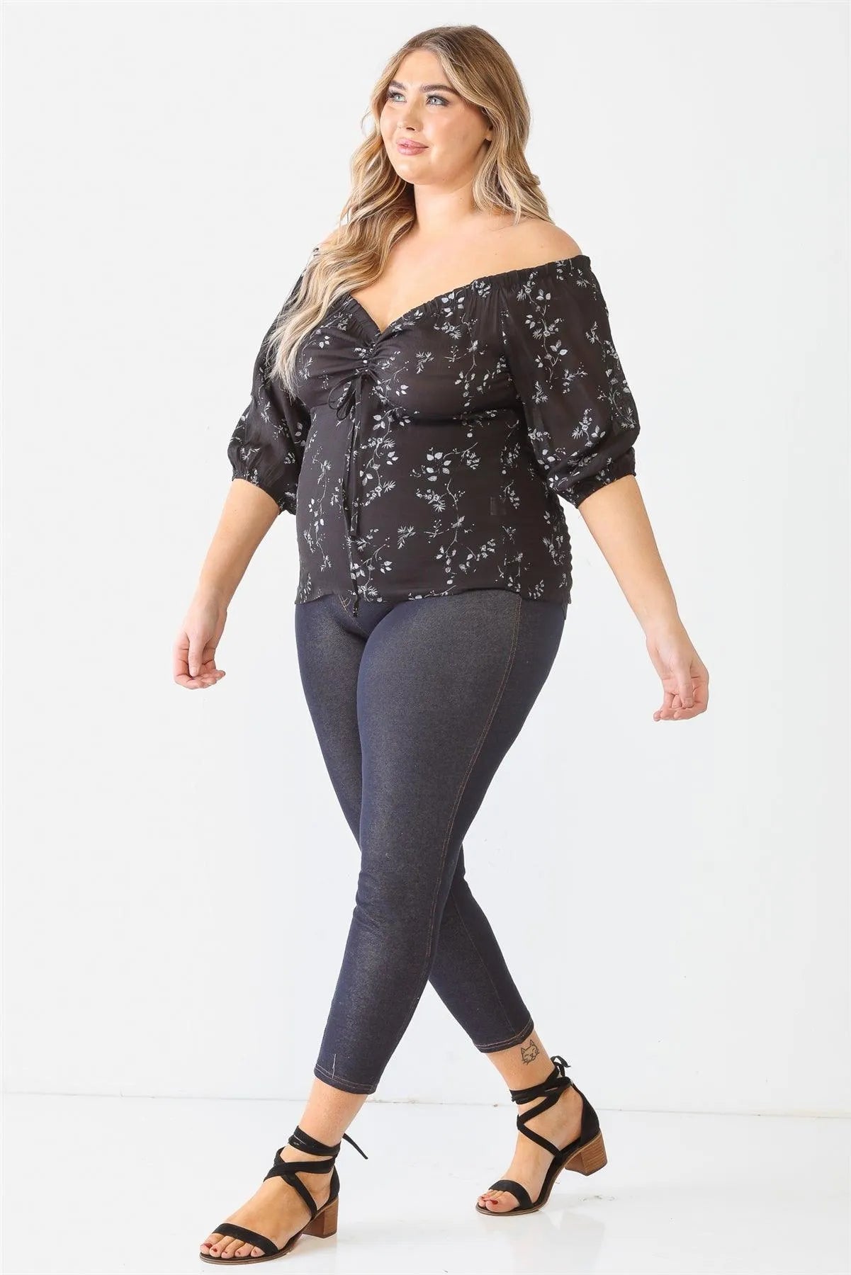 Junior Plus Black Flower Print Midi Sleeve Off-The-Shoulder Top /1-1-1 - Tasha Apparel Wholesale