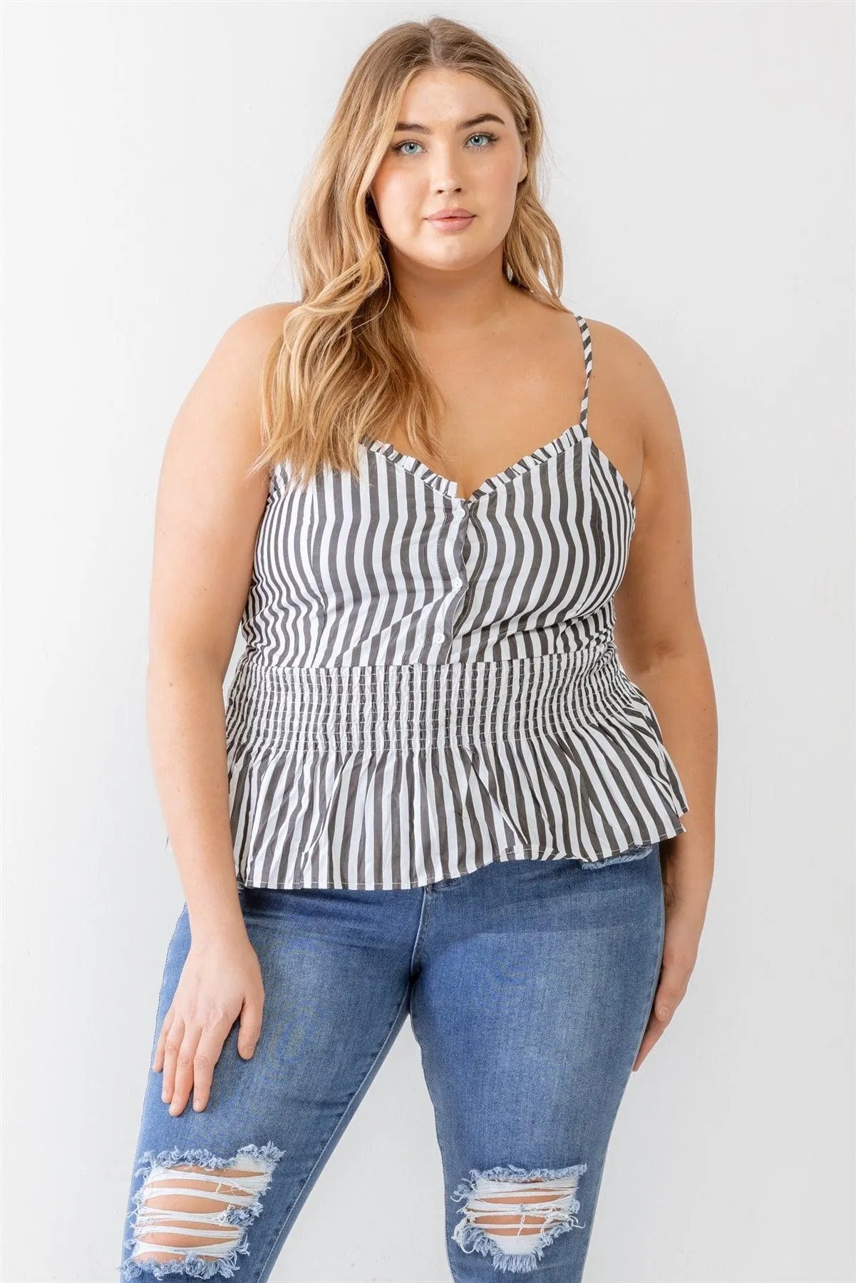 Junior Plus Black Striped Button-Up Smocked Waist Strappy Tank Top /2-2-1 - Tasha Apparel Wholesale