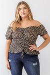 Plus Size Black Floral Chiffon Ruched Smocked Off-The-Shoulder Top - Tasha Apparel Wholesale