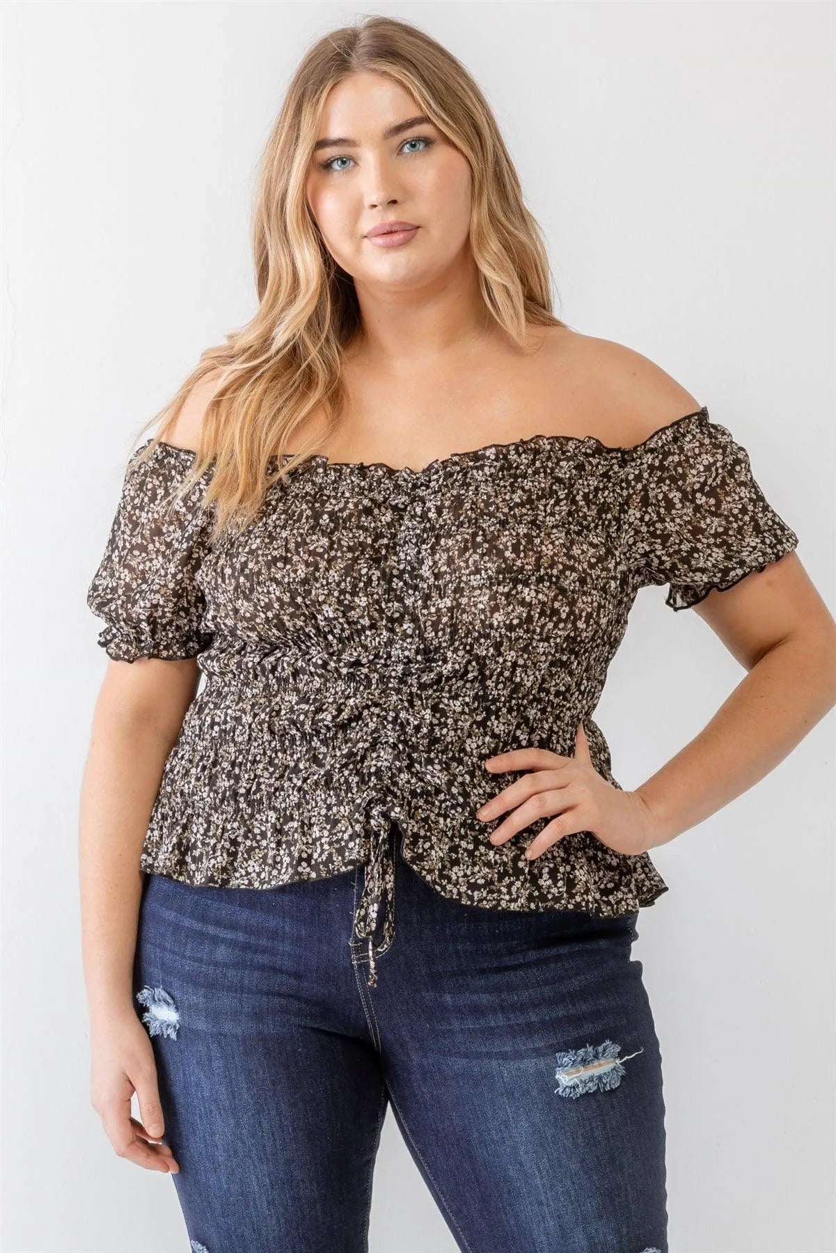 Plus Size Black Floral Chiffon Ruched Smocked Off-The-Shoulder Top - Tasha Apparel Wholesale