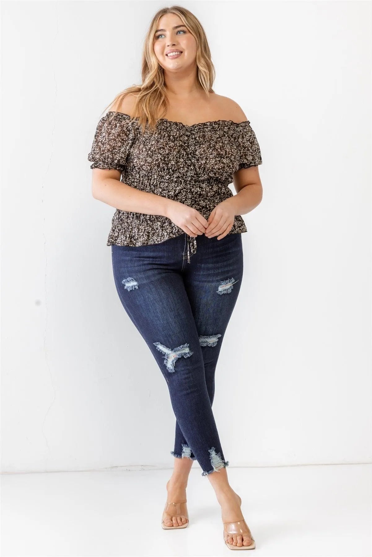 Plus Size Black Floral Chiffon Ruched Smocked Off-The-Shoulder Top - Tasha Apparel Wholesale