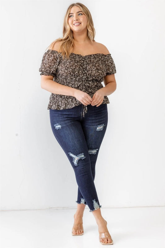 Plus Size Black Floral Chiffon Ruched Smocked Off-The-Shoulder Top /2-1-2 - Tasha Apparel Wholesale