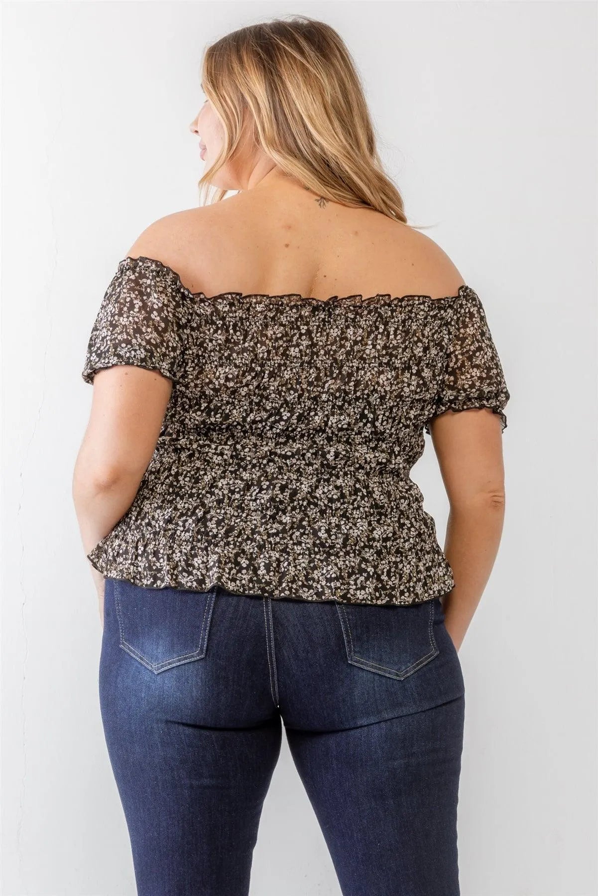 Plus Size Black Floral Chiffon Ruched Smocked Off-The-Shoulder Top /2-1-2 - Tasha Apparel Wholesale