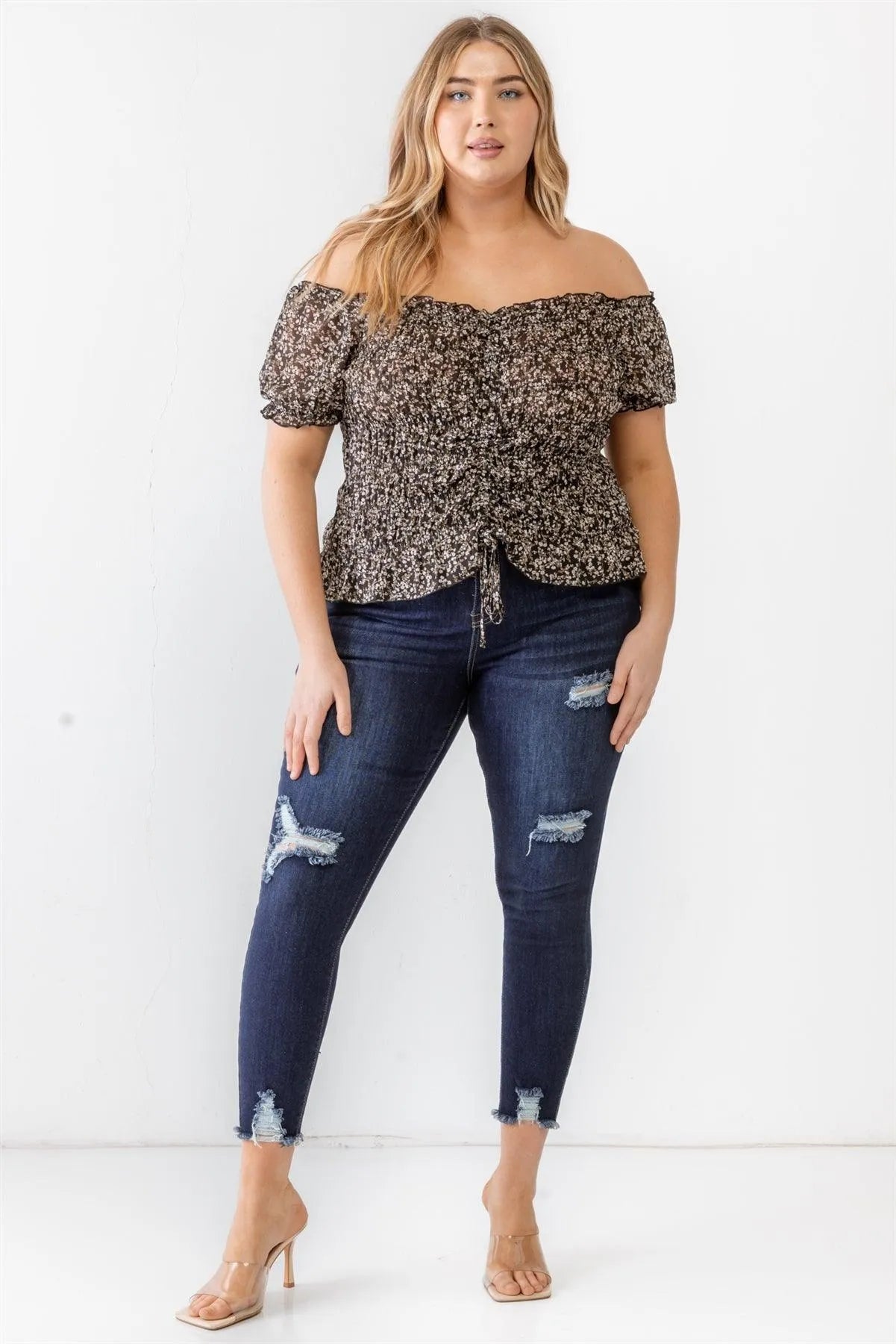 Plus Size Black Floral Chiffon Ruched Smocked Off-The-Shoulder Top /2-1-2 - Tasha Apparel Wholesale
