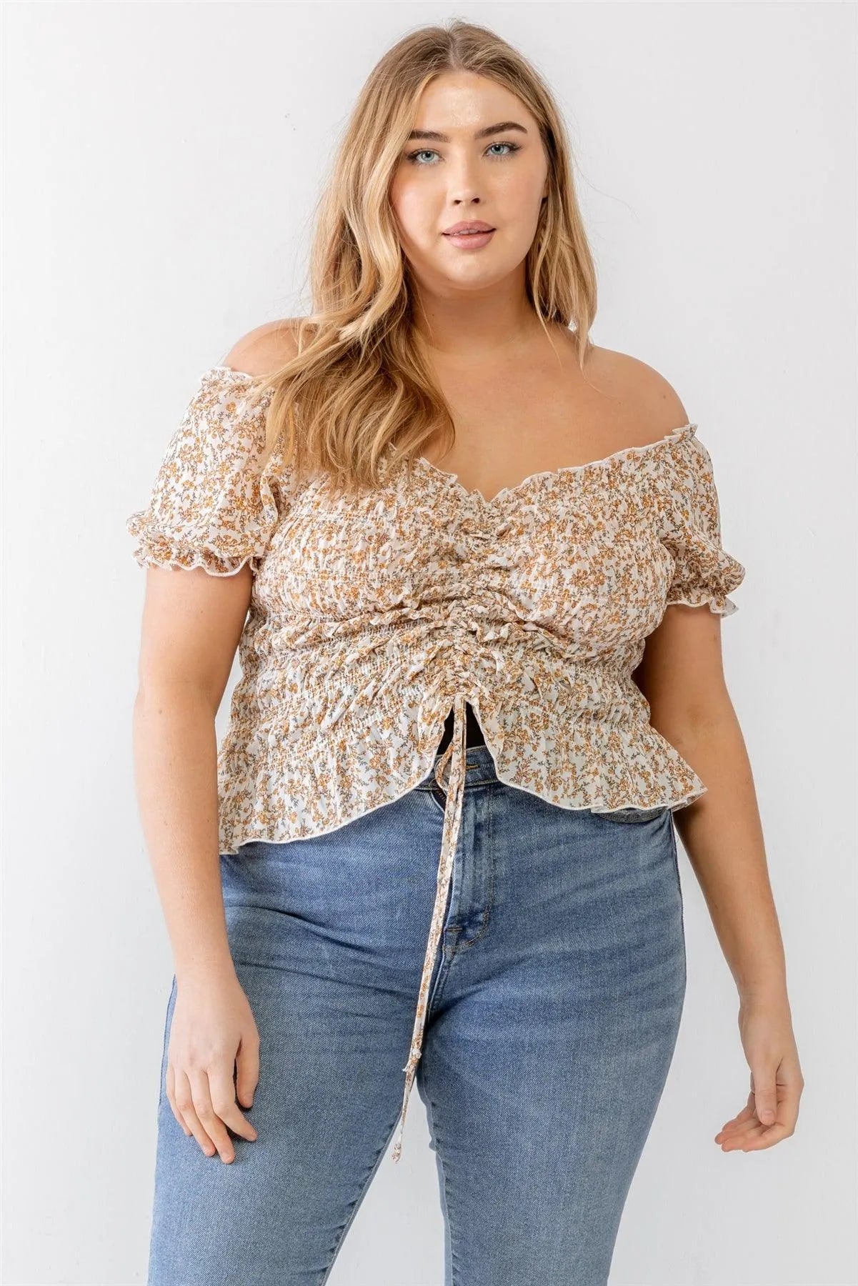 Plus Size Ivory Floral Chiffon Ruched Smocked Off-The-Shoulder Top /1-1-1 - Tasha Apparel Wholesale
