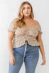 Plus Size Ivory Floral Chiffon Ruched Smocked Off-The-Shoulder Top /2-1-1 - Tasha Apparel Wholesale