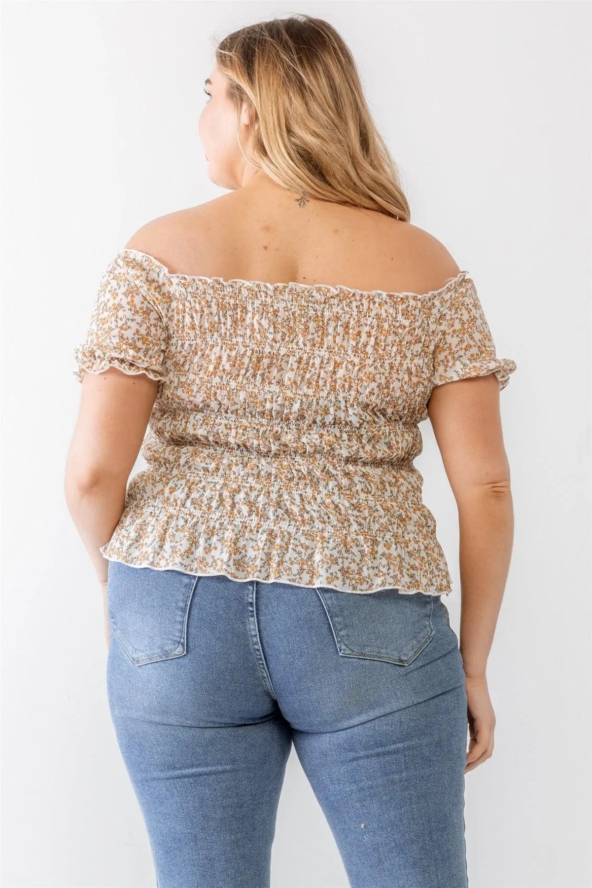 Plus Size Ivory Floral Chiffon Ruched Smocked Off-The-Shoulder Top /2-1-1 - Tasha Apparel Wholesale