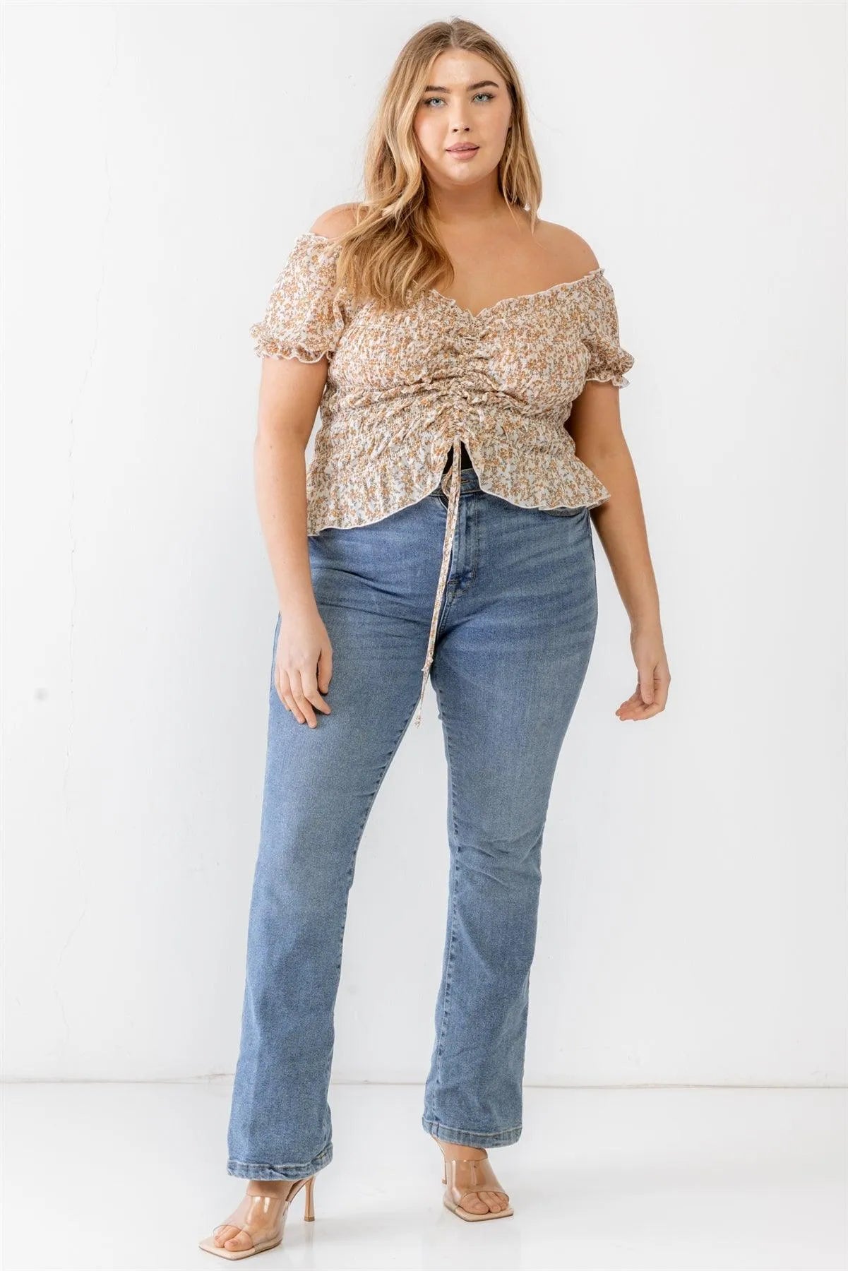 Plus Size Ivory Floral Chiffon Ruched Smocked Off-The-Shoulder Top /2-1-1 - Tasha Apparel Wholesale